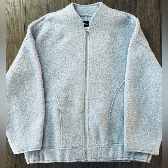 Zara Women’s Oversized Boucle Bomber Fleece Sky Blue Jacket. Full Zip. Size M-L - Picture 5 of 9